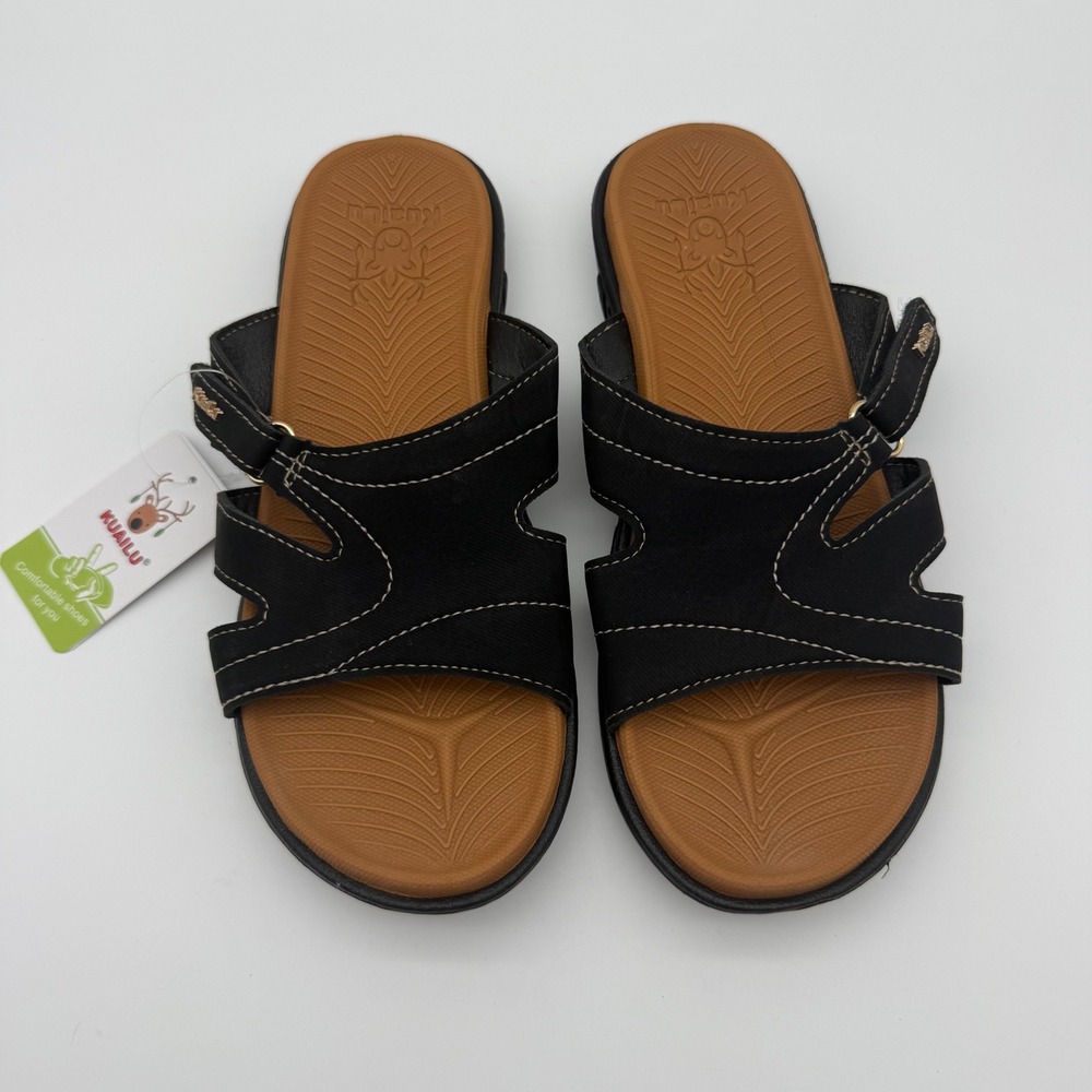 KuaiLu Women's 9.5 Black Comfort Slide Sandals Adjustable Strap New With Tags
